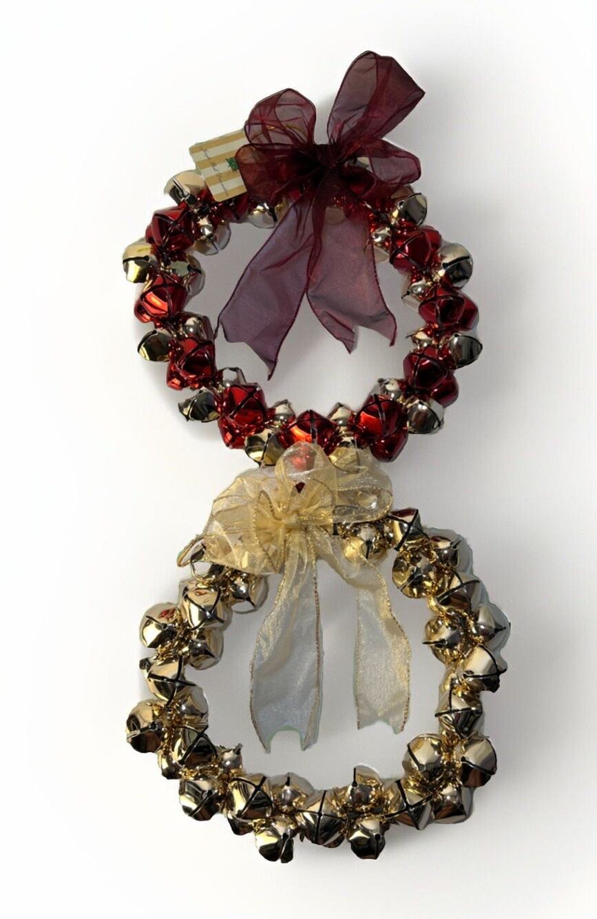 2 VTG 11" Jingle Bell Metal Wreaths Red Gold Christmas Holiday Made In Taiwan
